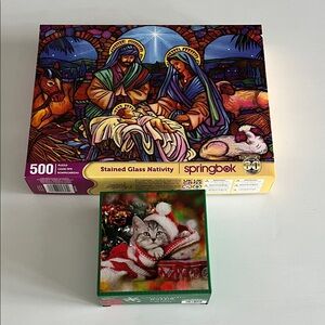 SPRINGBOK 500 pc Stained Glass Nativity Puzzle & 100 pc Christmas Cat Bundle